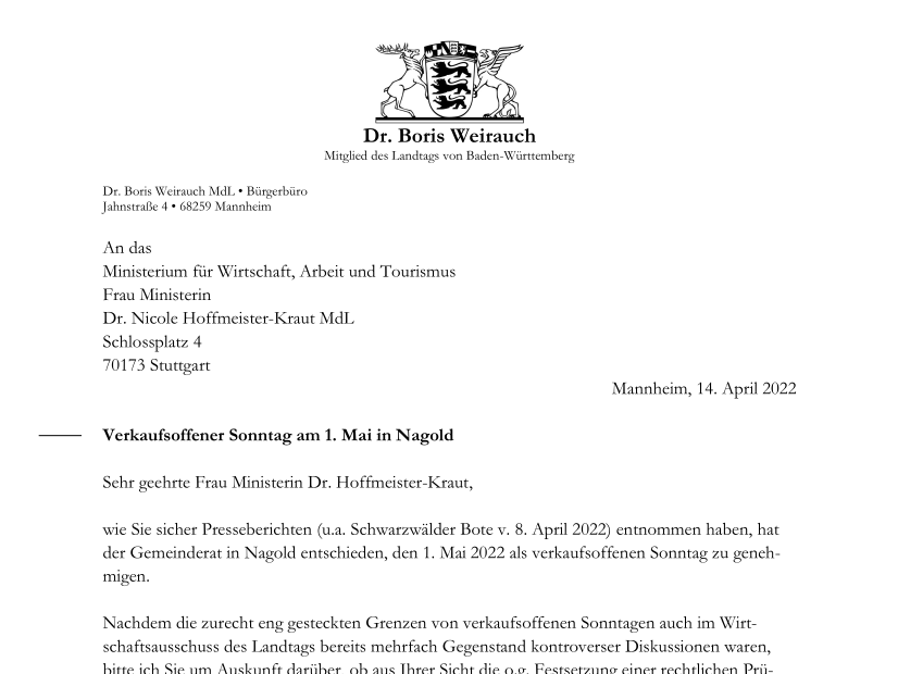 Brief Weirauch an Hoffmeister-Kraut